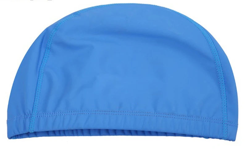 A bright blue unisex waterproof swim cap shown from the side.