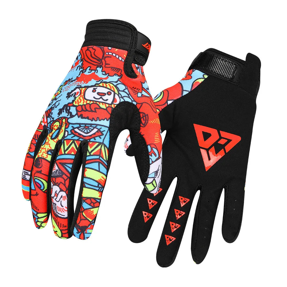 A pair of full finger motocross motorcycle gloves featuring a colorful, patterned design on one hand and black on the other.