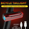 A red bicycle taillight is shown attached to a black handlebar, featuring USB direct charge and a switch mode.