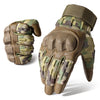 A pair of tactical outdoor gloves in olive green and brown camouflage pattern.