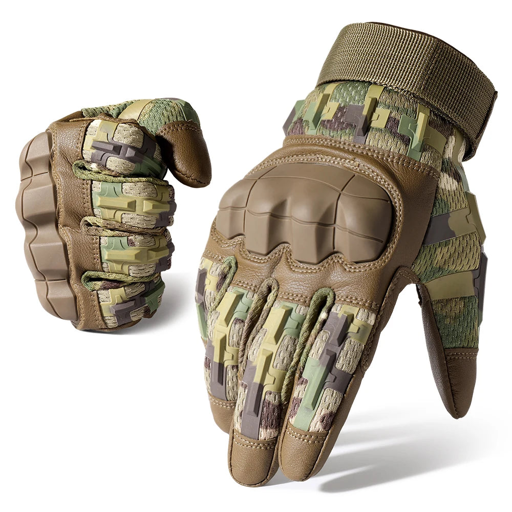 A pair of tactical outdoor gloves in olive green and brown camouflage pattern.