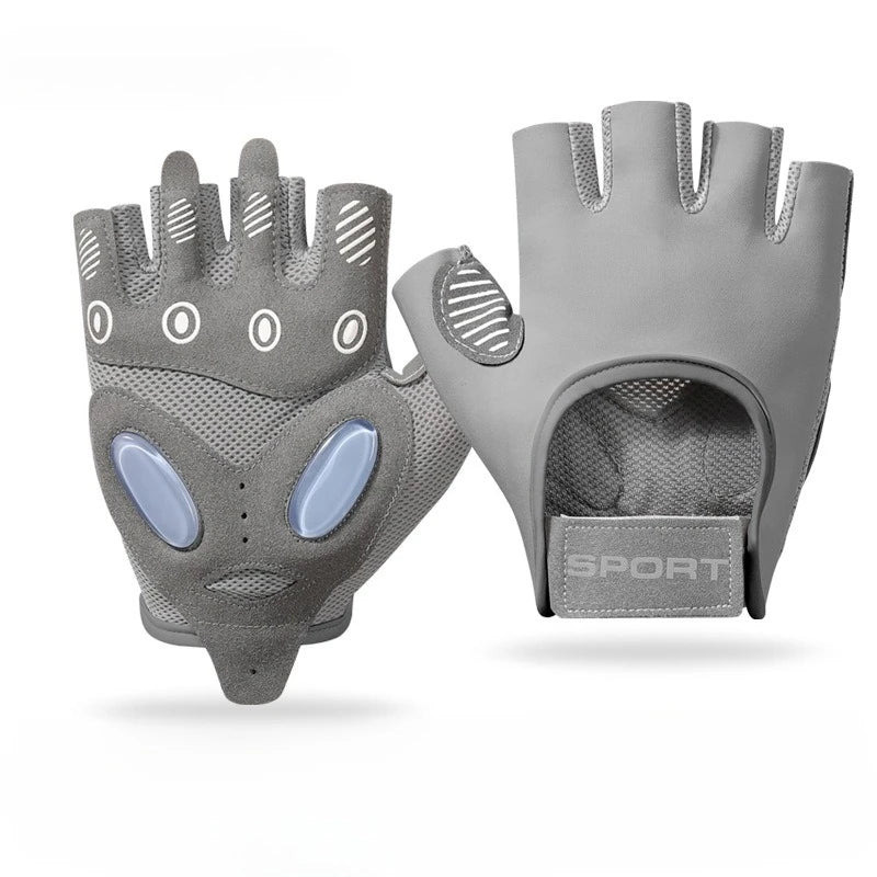Gray anti-slip yoga and fitness gloves shown from the palm side