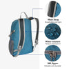Blue travel backpack featuring a mesh strap, water-resistant material, and an SBS zipper.