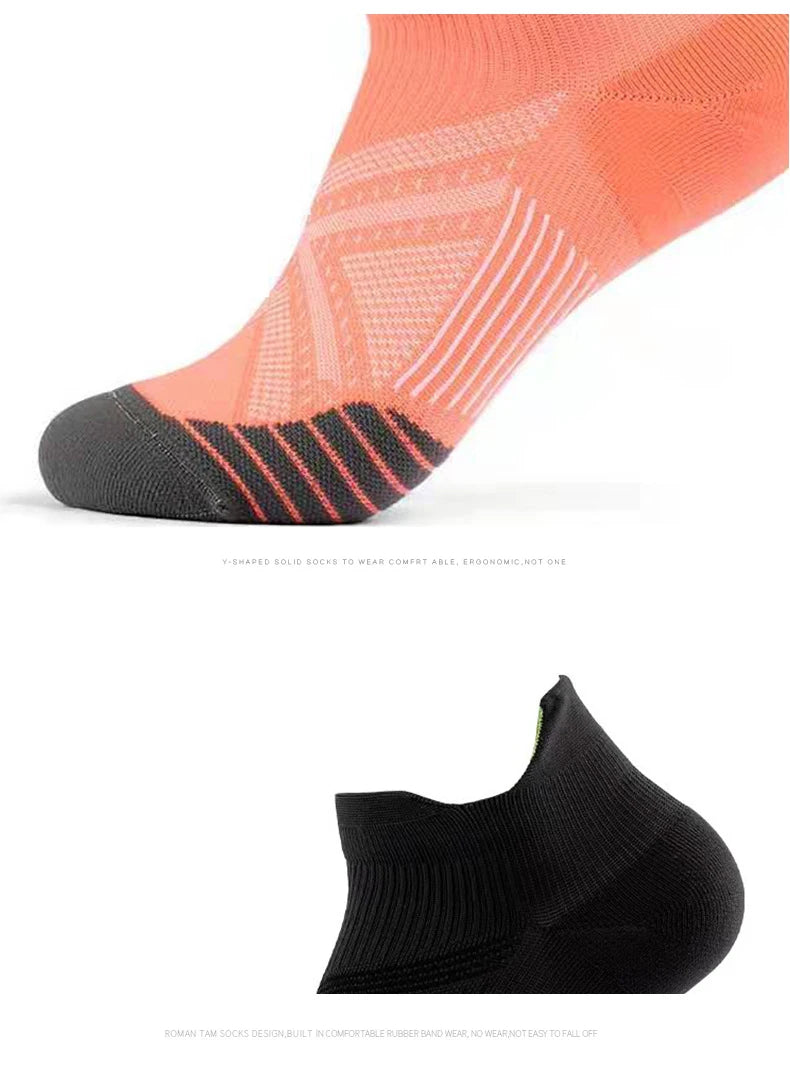 An orange and black performance compression sports sock shown from the side.