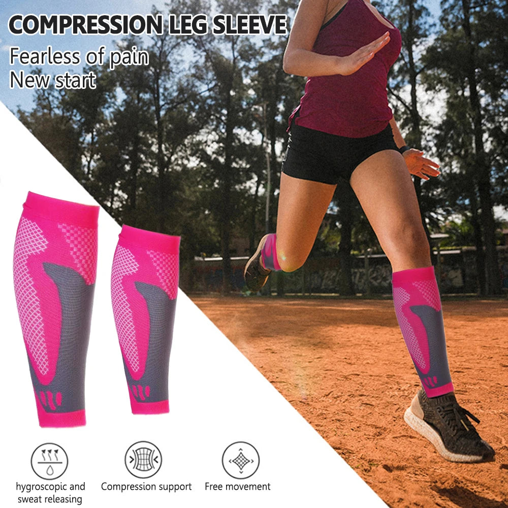A woman wearing a maroon top and black shorts is running, demonstrating the compression leg sleeve on her calf.
