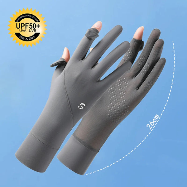 Gray UV protection ice silk driving and cycling gloves shown against a light blue background.