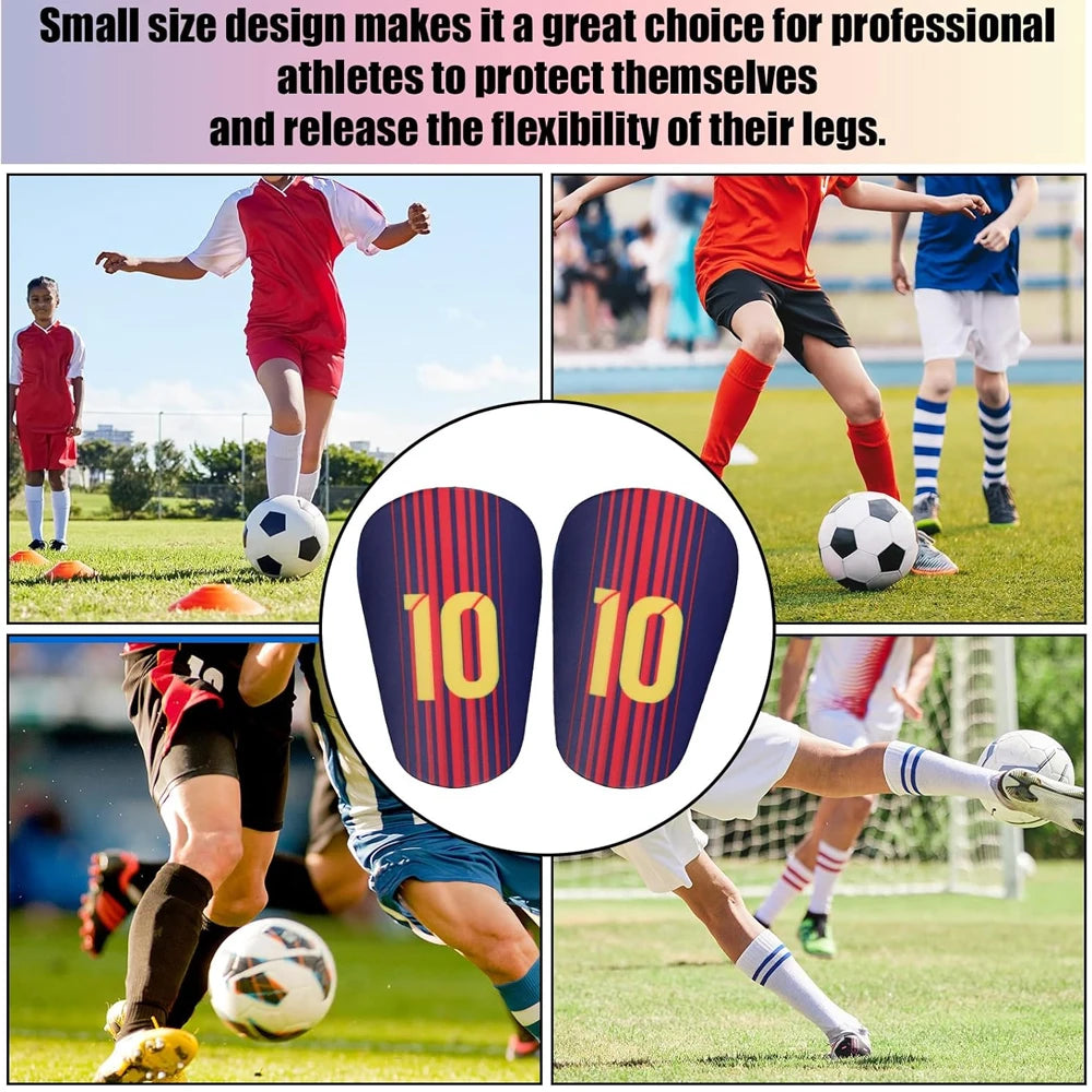 A close-up of black soccer shin guards for adults, showing the number 10 on each pad.