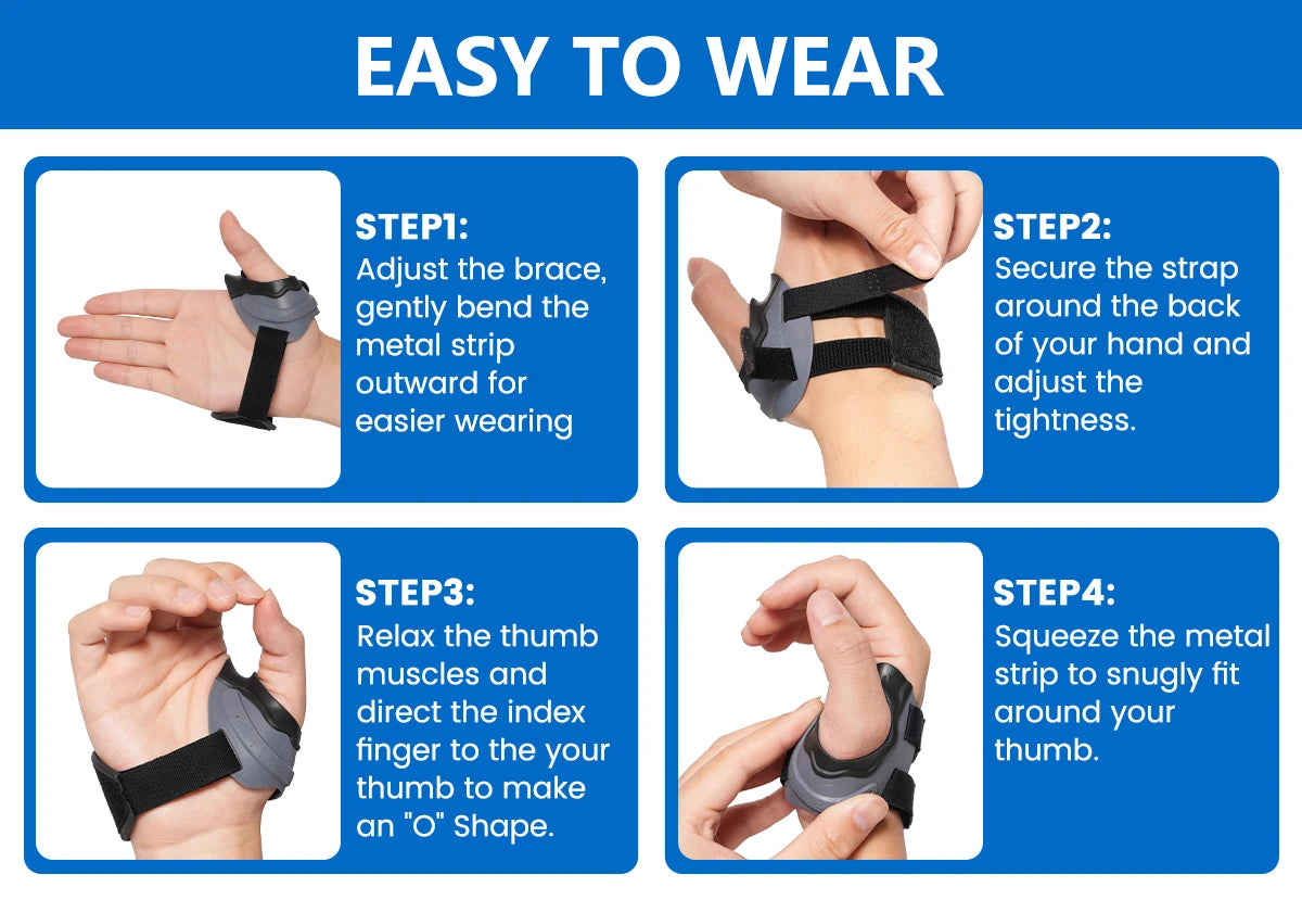 Cuatro pasos que demuestran cómo usar la férula de pulgar CMC para alivio de artritis.