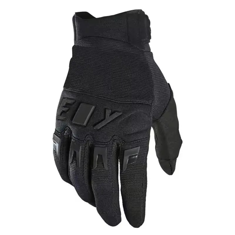 Black heavy duty full finger off-road motorcycle gloves shown against a white background.