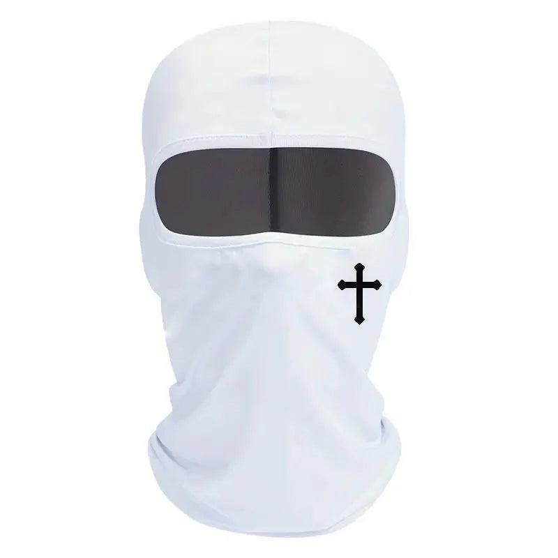 Weiße atmungsaktive Vollgesicht-Balaclava für Skigoggles mit schwarzem Visor und Kreuzdetail