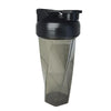 A clear plastic protein shaker bottle with a black cap and a tapered design.