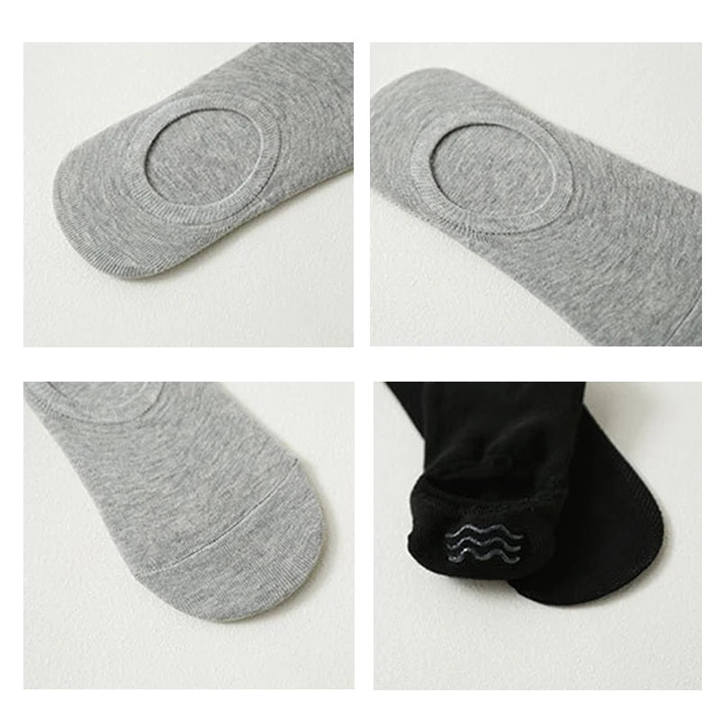 A set of breathable cotton ankle socks in gray and black, shown from various angles.