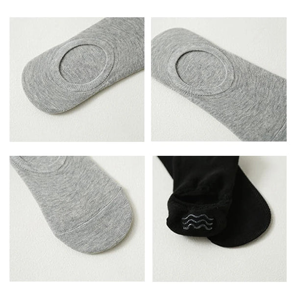 Un juego de calcetines de algodón transpirables en gris y negro, mostrados desde varios ángulos.