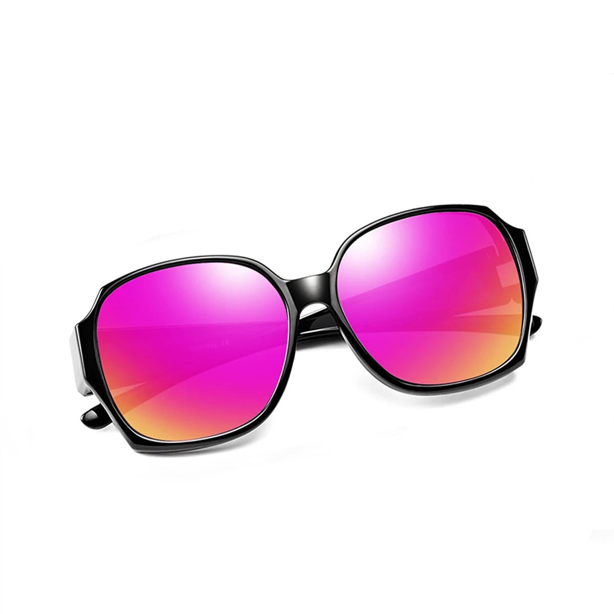 Eine Paar große Sonnenbrille mit leuchtend pink-orangefarbenen polarisierten Linsen und schwarzen Rahmen.