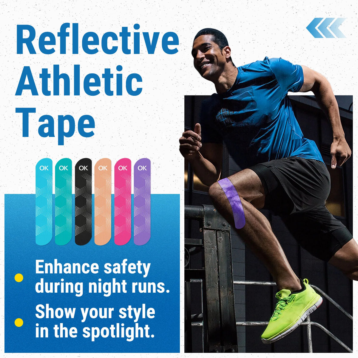 A man running outdoors demonstrates the Reflective Athletic Tape on his leg.