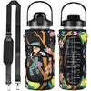 Black insulated water bottle cover with a strap featuring a floral and nature design.
