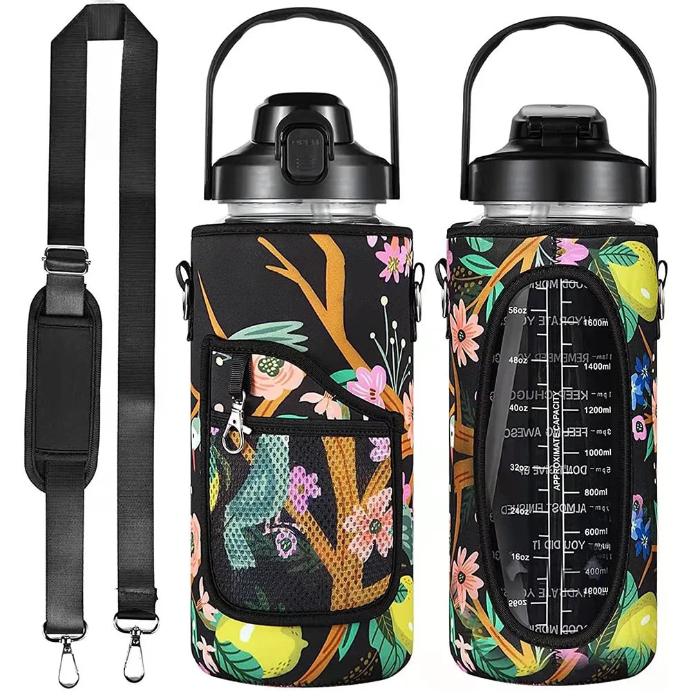 Black insulated water bottle cover with a strap featuring a floral and nature design.