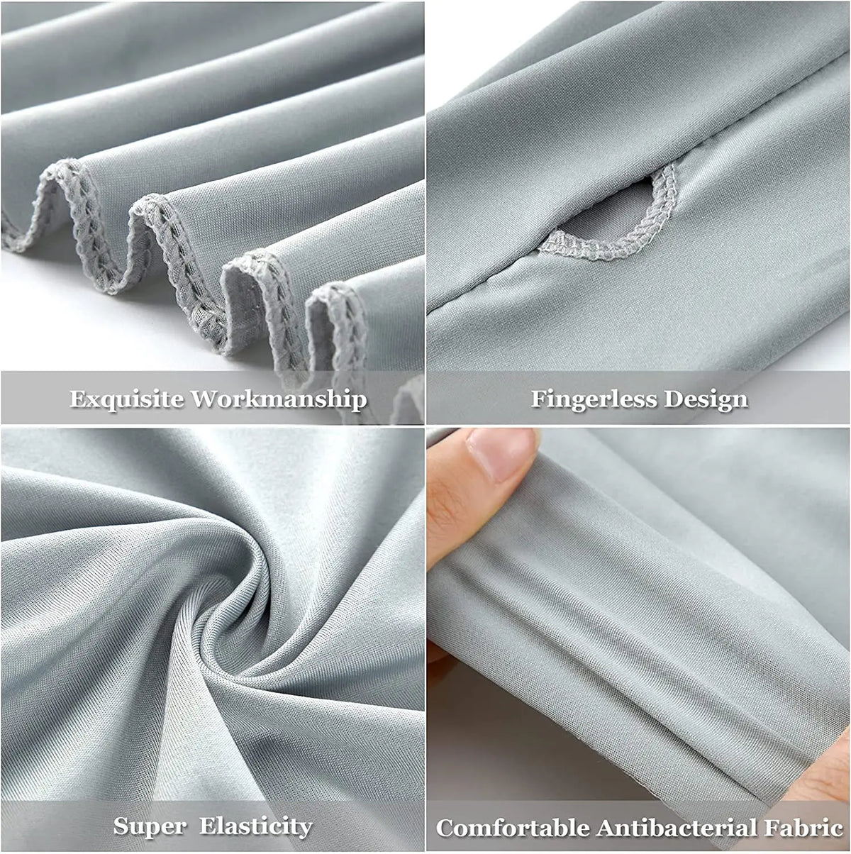 Close-up shots of a soft gray fabric showing exquisite workmanship, fingerless design, super elasticity, and comfortable anti