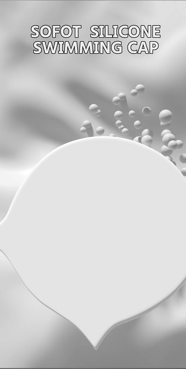 A white silicone swimming cap is shown with small spheres floating around it against a light gray background.