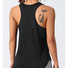 A woman wearing a black breathable sport tank top with a graphic design on the shoulder.