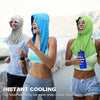 Three women wearing bright colored cooling sports headscarves while running outdoors