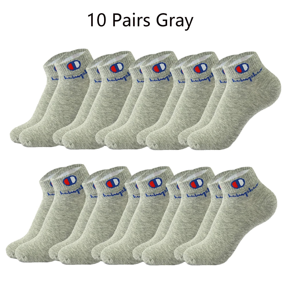 Ten pairs of gray ankle socks displayed in a row.