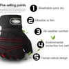 Five selling points listed next to a black fingerless sports glove with wrist support.