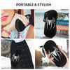 Black silicone spider web eyeglass pouch shown in various contexts including on a hand and next to books