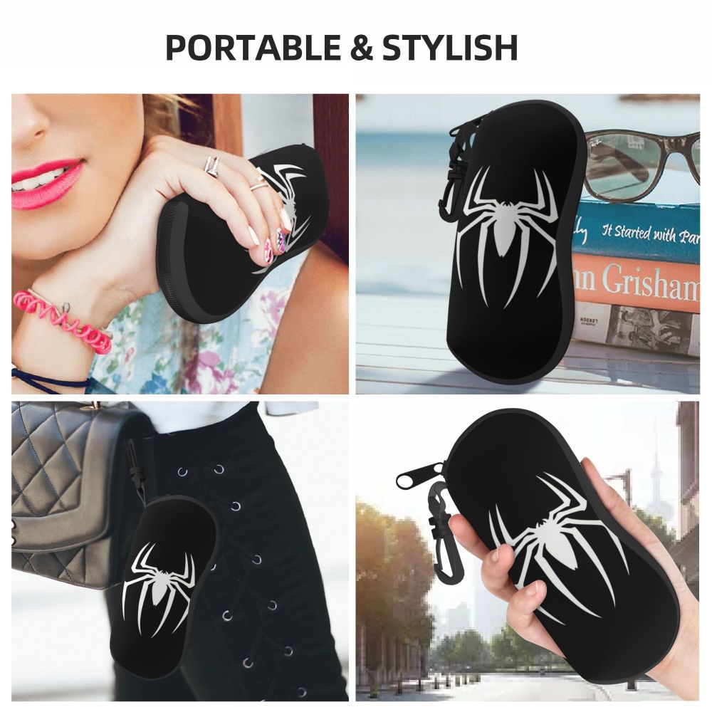 Black silicone spider web eyeglass pouch shown in various contexts including on a hand and next to books