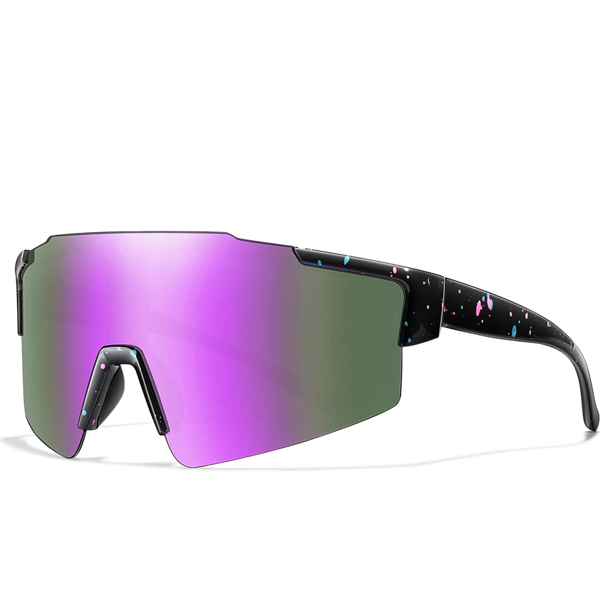Purple and green polarized cycling sunglasses with black frames