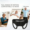 Black adjustable hernia belt with dual compression pads shown next to images of daily activities and postoperative recovery.