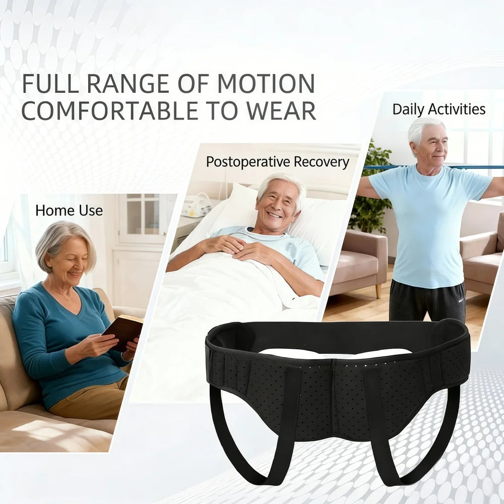 Black adjustable hernia belt with dual compression pads shown next to images of daily activities and postoperative recovery.