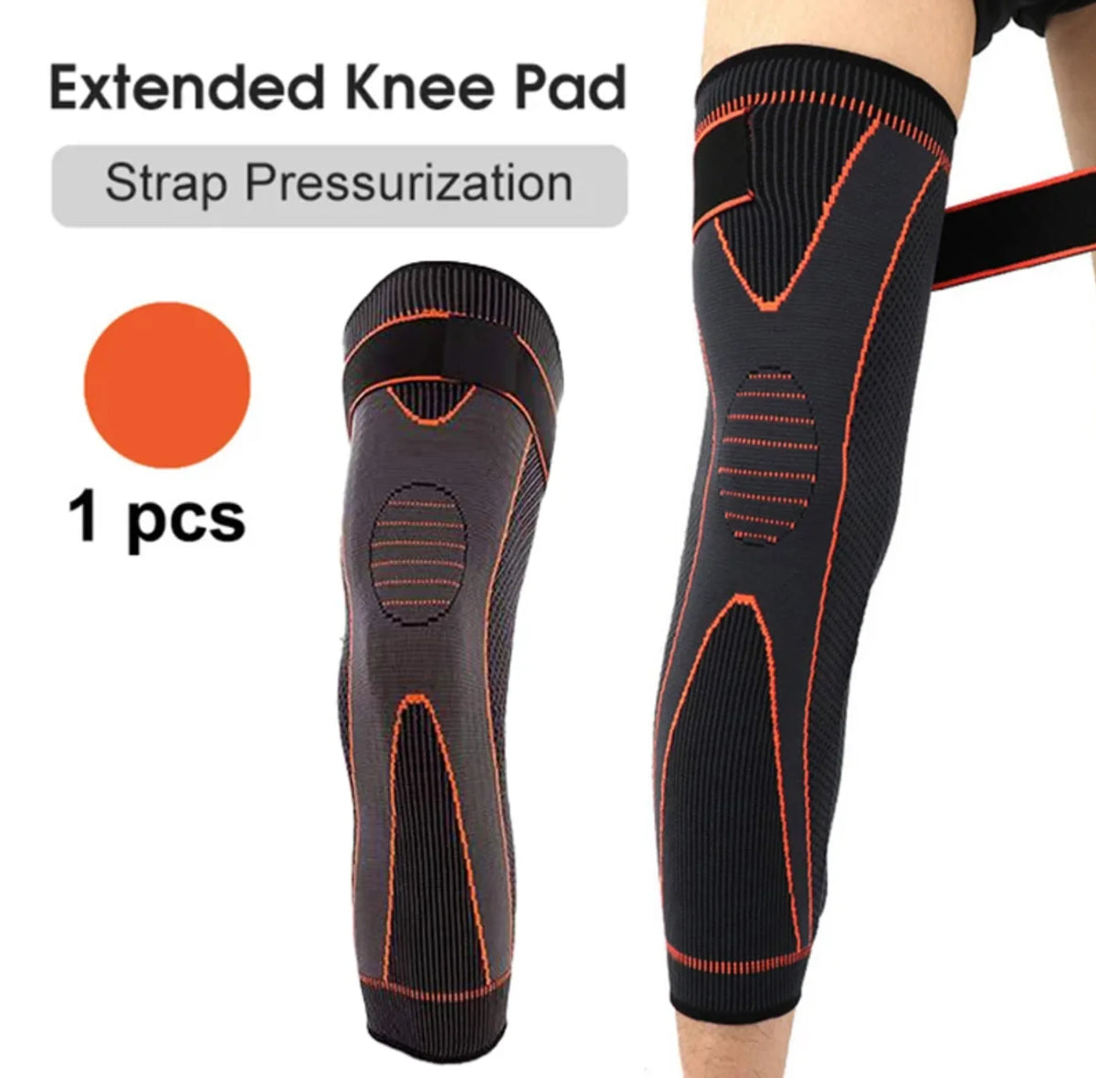 Guêtres noires avec sangle orange de pressurisation appliquée à une jambe.