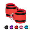 A set of adjustable neoprene ankle straps in various colors including black, purple, red, pink, and blue.