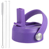 A purple secure straw lid for wide mouth bottles shown next to several clear straws.