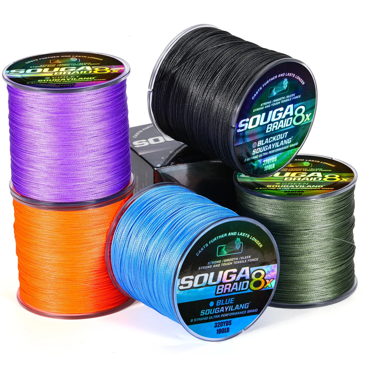 Spool of SOUGA BRAID 8x fishing line in various colors including purple, orange, and green.