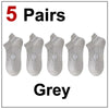 Five pairs of grey premium breathable men's running socks laid out for display.
