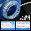 A close-up view of a blue collapsible TPU water bottle with a clear lid, highlighting its large diameter and environmentally 