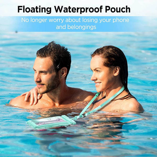 A man and a woman swimming in water, with a floating waterproof pouch visible.