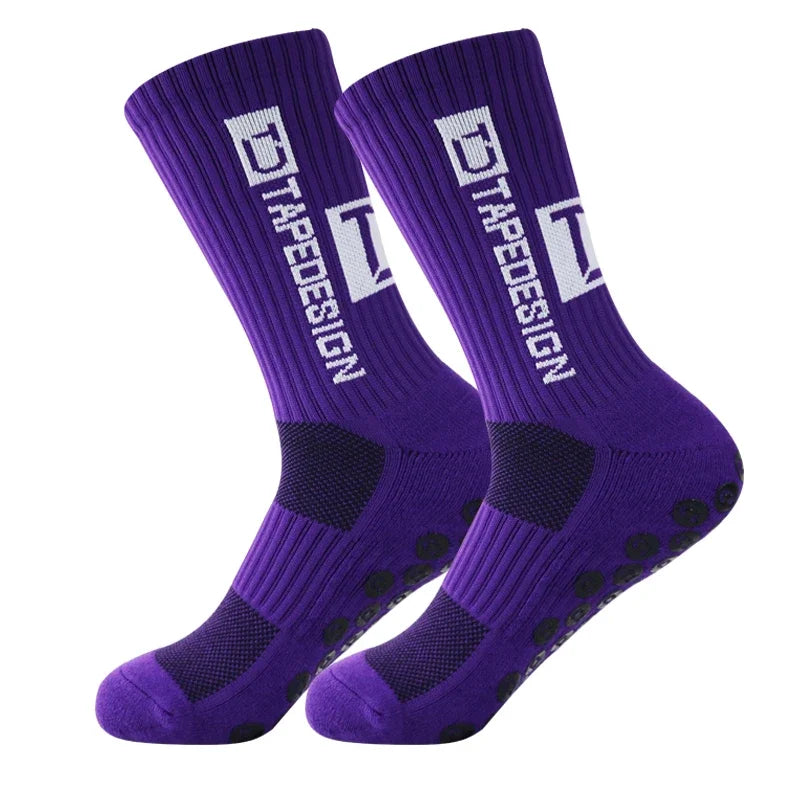 Purple anti-slip performance sports socks with white text and black dots