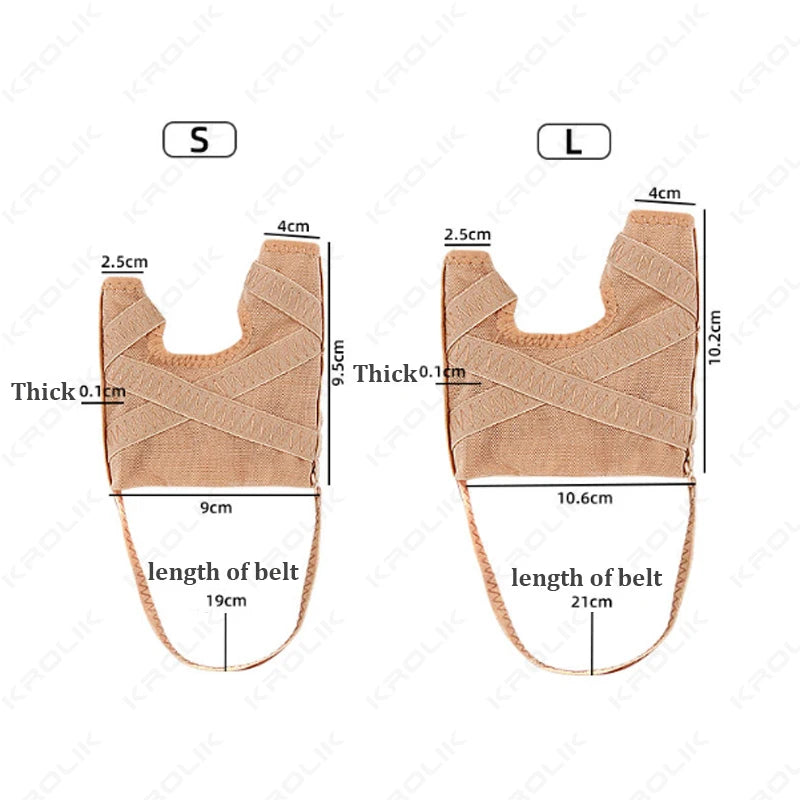 Two beige adjustable toe correctors, size S and L, showing dimensions for foot health.