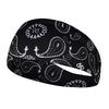 Black sports headband with a paisley pattern and a cutout for sweat absorption