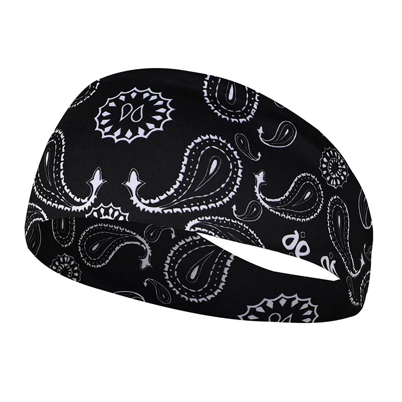 Black sports headband with a paisley pattern and a cutout for sweat absorption