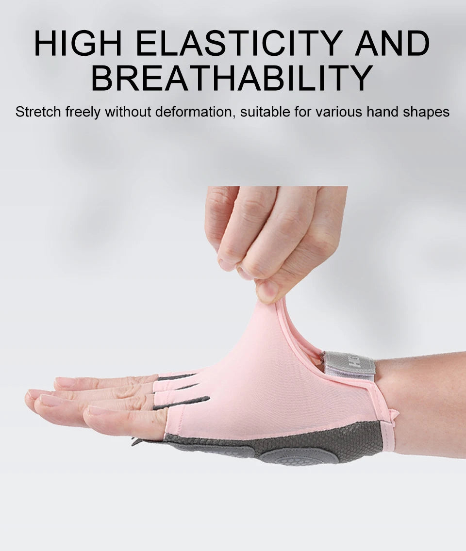 A hand wearing a pink elastic glove designed for cycling and workout use.