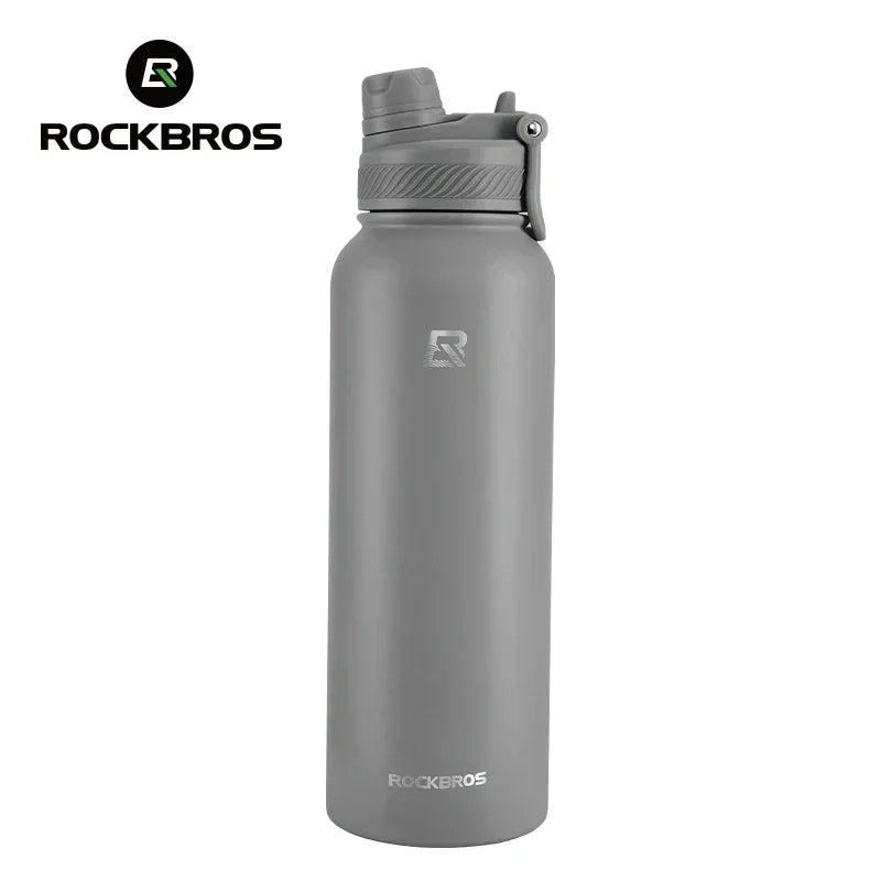 A matte gray insulated stainless steel thermal water bottle with a black cap.