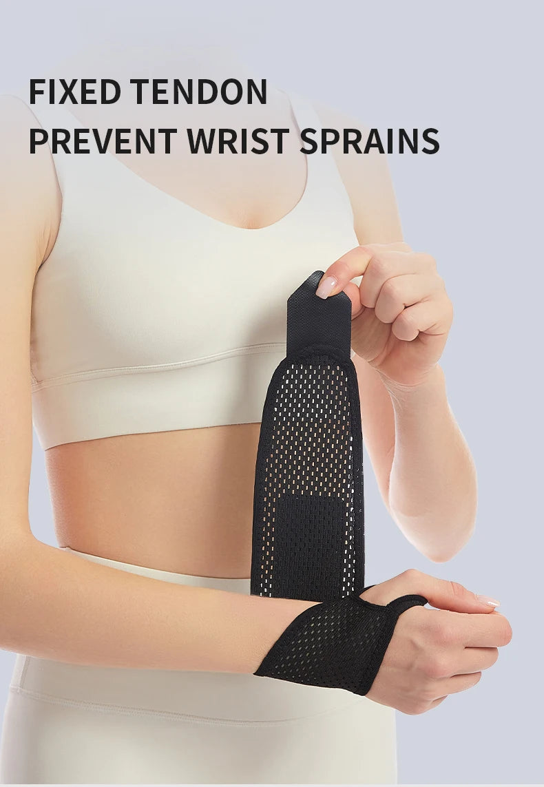 A hand is demonstrating a fixed tendon wrist brace designed to prevent wrist sprains during fitness activities.