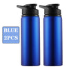 Two blue leakproof portable aluminum water bottles with black caps
