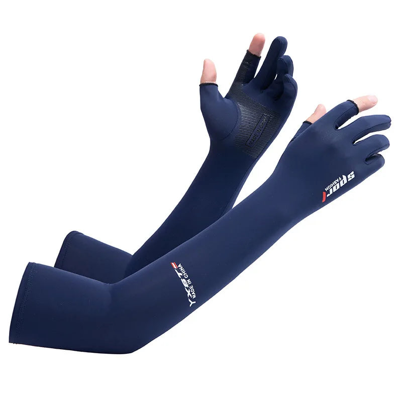 Navy blue UV protection arm sleeves worn on a hand and forearm.