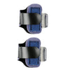 A pair of adjustable toe splints featuring blue and black fabric with silver accents.