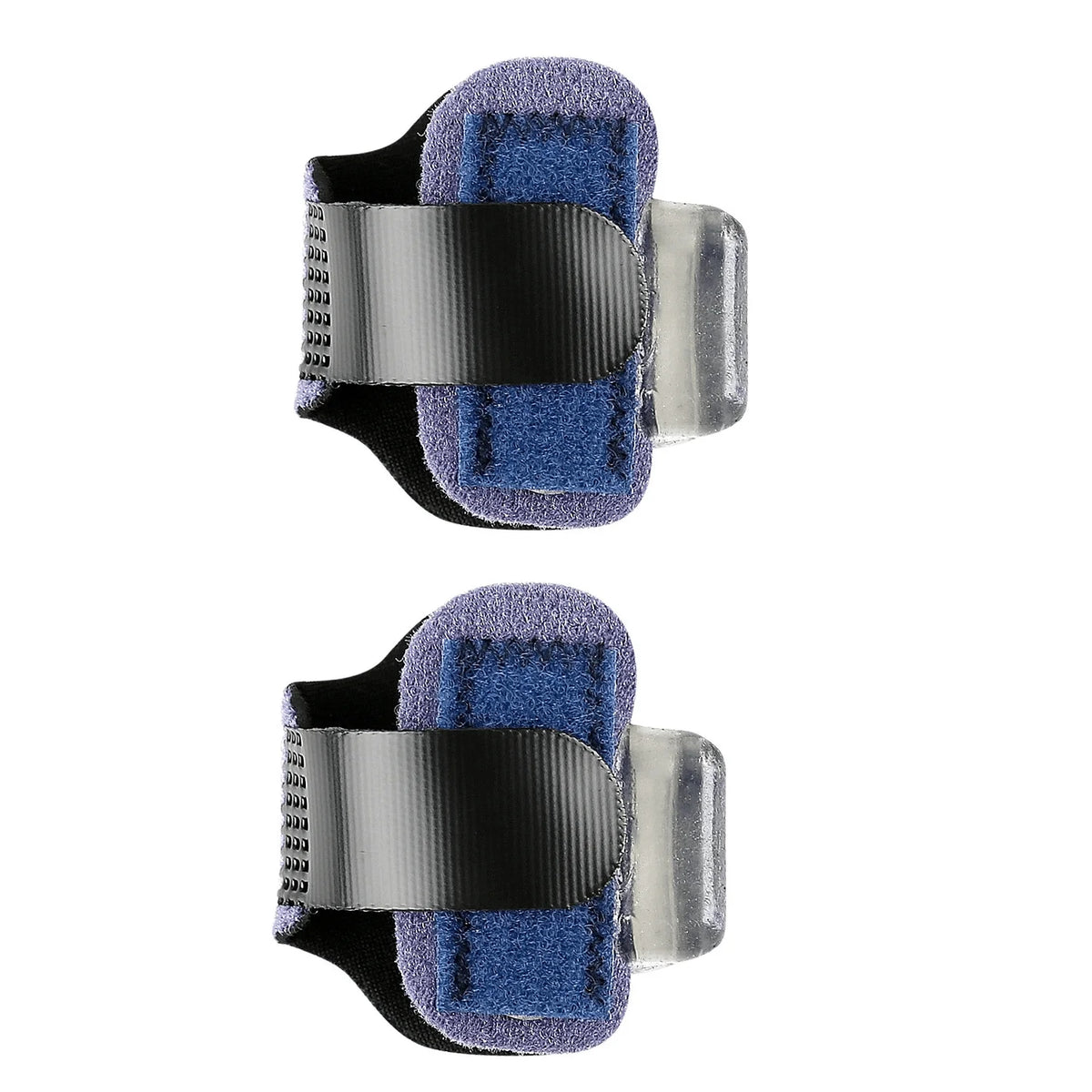 A pair of adjustable toe splints featuring blue and black fabric with silver accents.